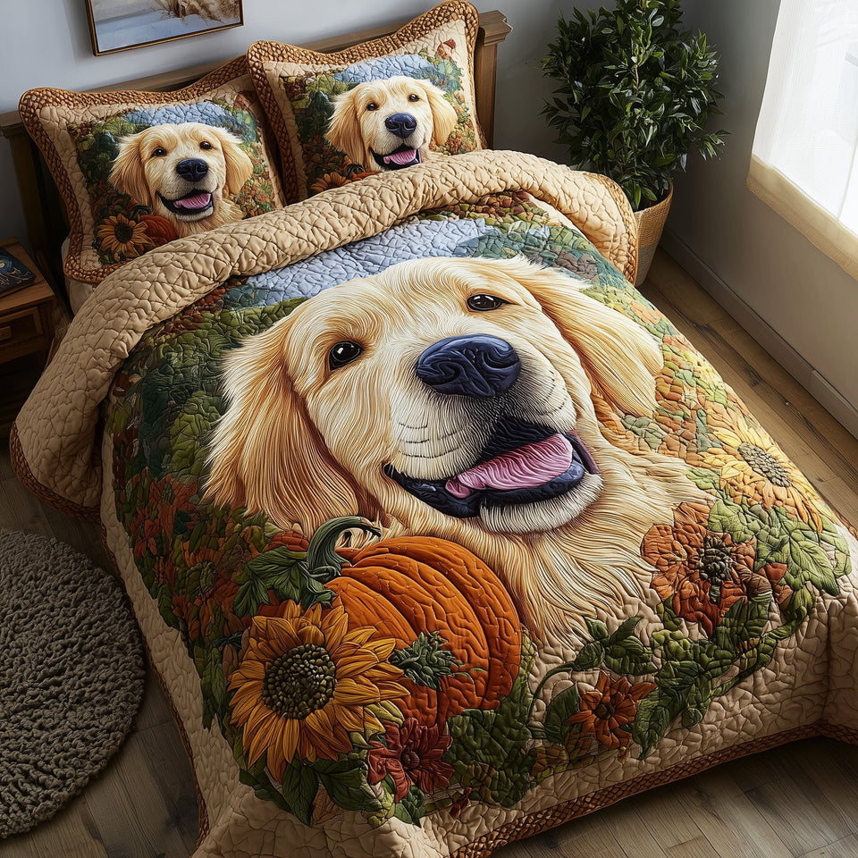 Golden Harvest Retriever Smiling with a Pumpkin quilted bedding set, quilt and two pillow shams on a made bed
