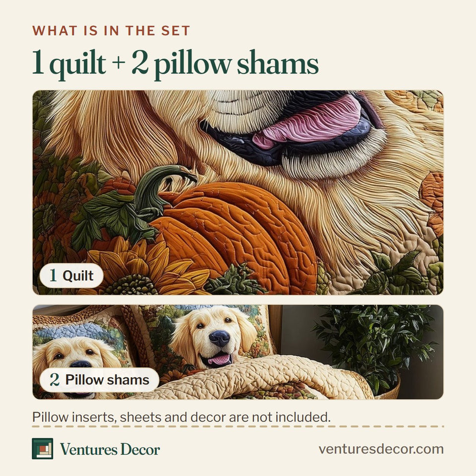 What is in the set: one quilt and two pillow shams, shown in the Golden Harvest Retriever Smiling with a Pumpkin design