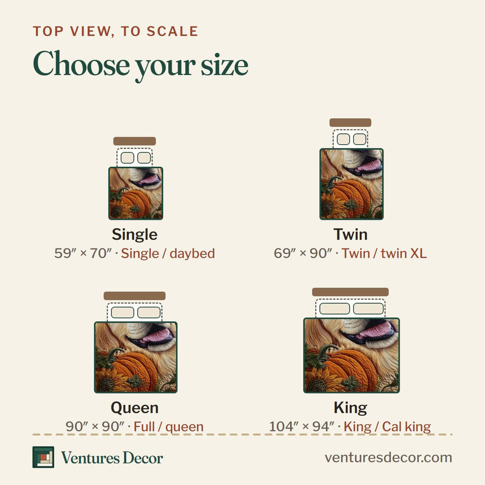Size guide for the Golden Harvest Retriever Smiling with a Pumpkin quilt, top view to scale: Single 59 x 70 in, Twin 69 x 90 in, Queen 90 x 90 in, King 104 x 94 in