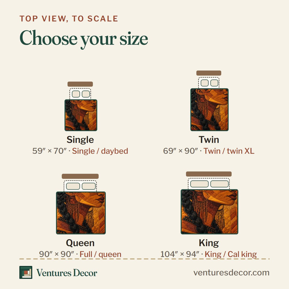 Size guide for the Golden Kente Queen quilt, top view to scale: Single 59 x 70 in, Twin 69 x 90 in, Queen 90 x 90 in, King 104 x 94 in