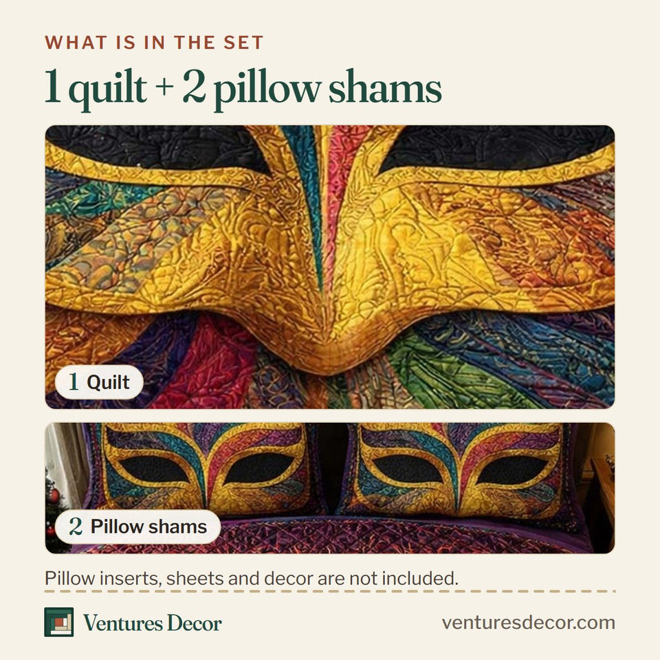 What is in the set: one quilt and two pillow shams, shown in the Golden Masque design