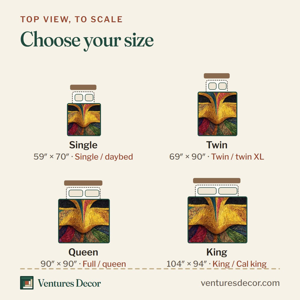Size guide for the Golden Masque quilt, top view to scale: Single 59 x 70 in, Twin 69 x 90 in, Queen 90 x 90 in, King 104 x 94 in