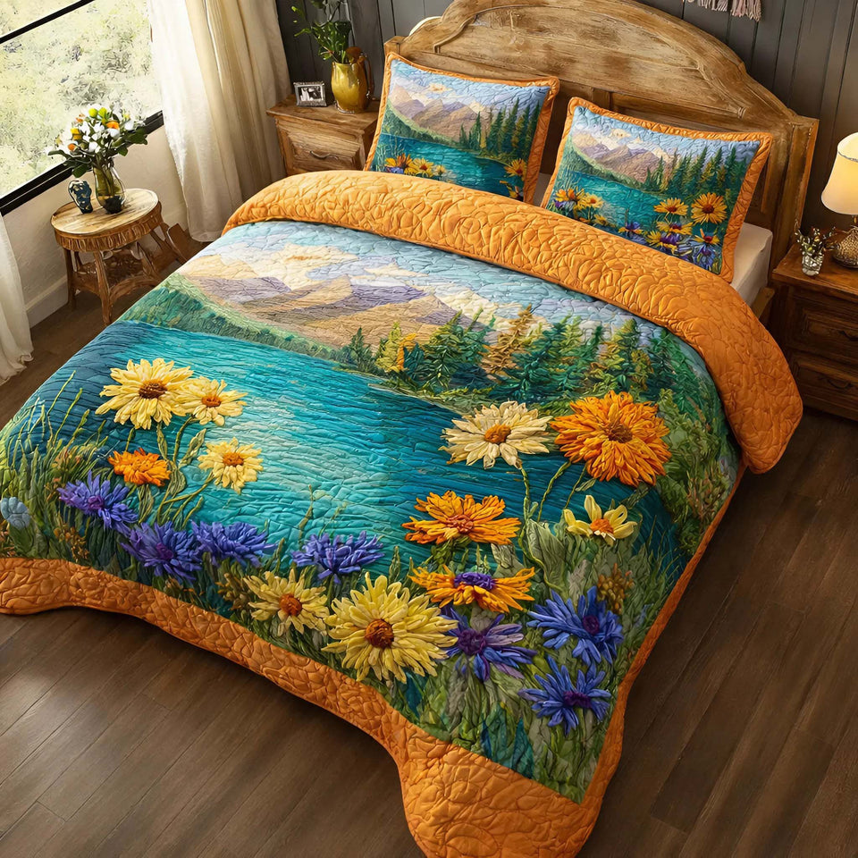 Golden Meadow Lakeside Sunflowers quilted bedding set, quilt and two pillow shams on a made bed