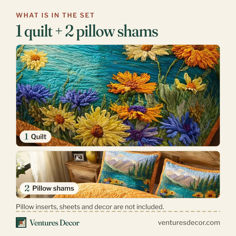 What is in the set: one quilt and two pillow shams, shown in the Golden Meadow Lakeside Sunflowers design