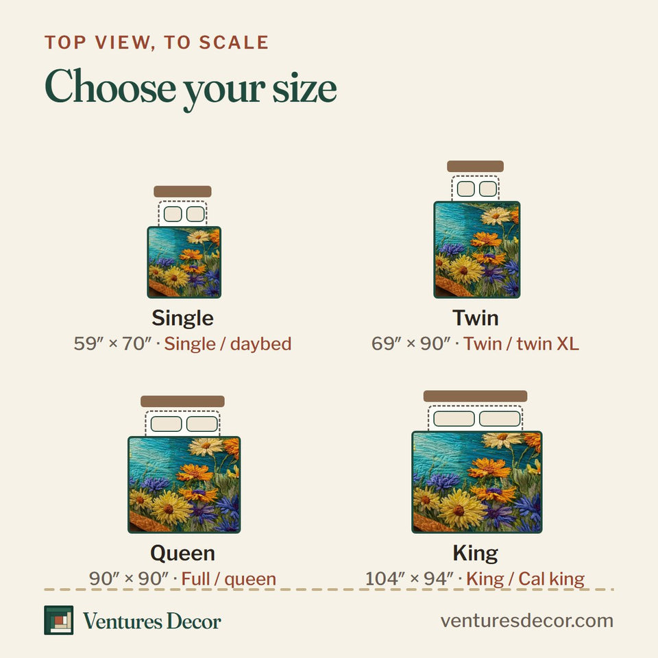 Size guide for the Golden Meadow Lakeside Sunflowers quilt, top view to scale: Single 59 x 70 in, Twin 69 x 90 in, Queen 90 x 90 in, King 104 x 94 in