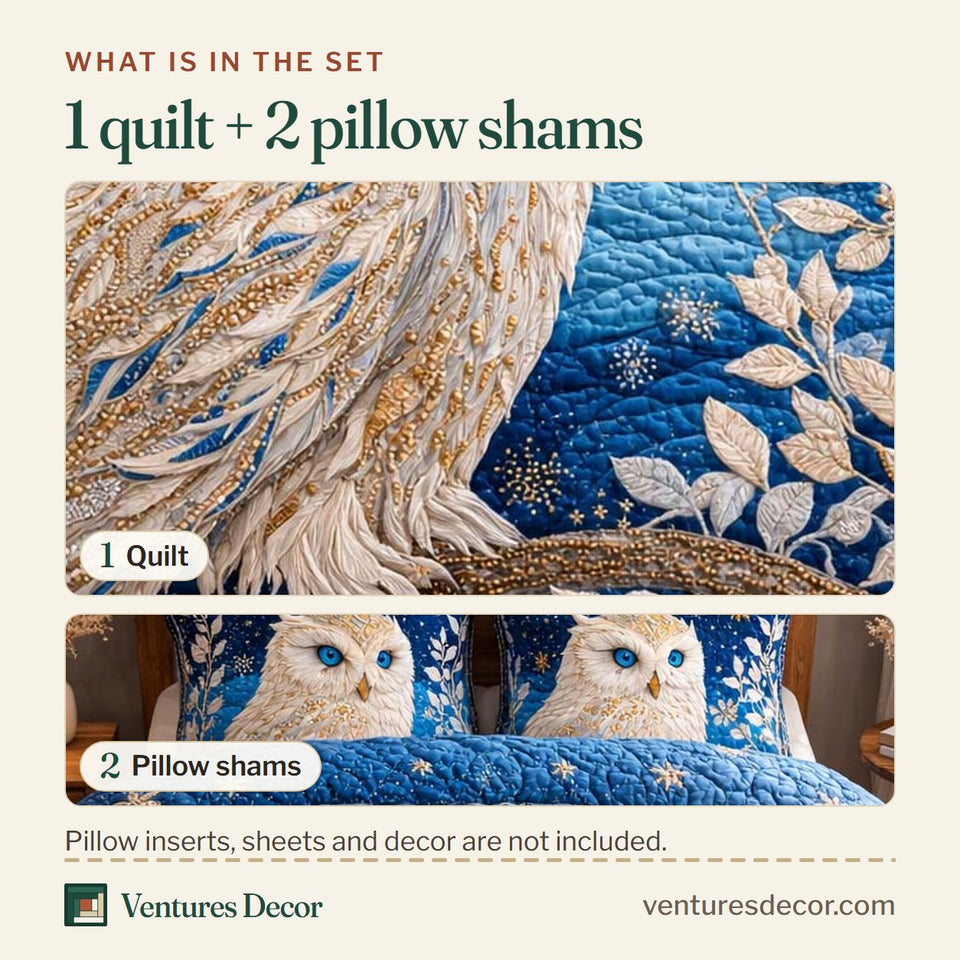 What is in the set: one quilt and two pillow shams, shown in the Golden Night Owl design