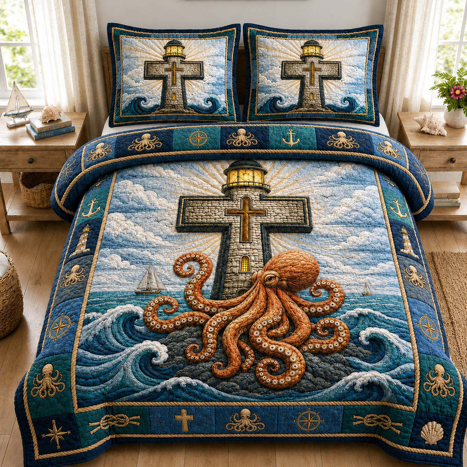 Golden Octopus Beacon quilted bedding set, quilt and two pillow shams on a made bed