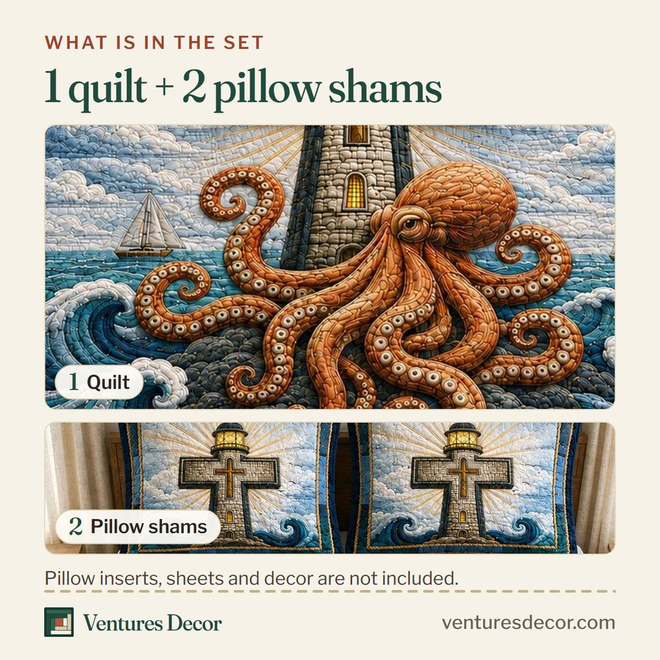 What is in the set: one quilt and two pillow shams, shown in the Golden Octopus Beacon design