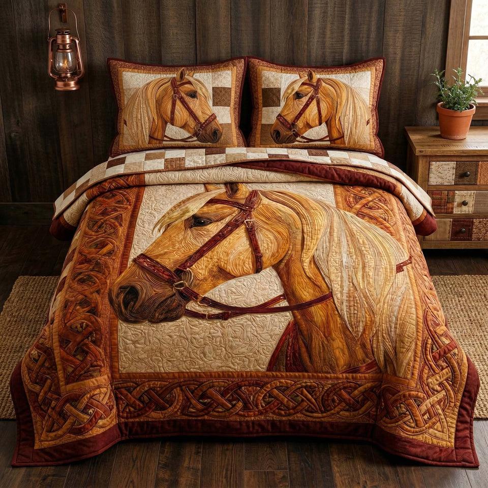 Golden Palomino quilted bedding set, quilt and two pillow shams on a made bed