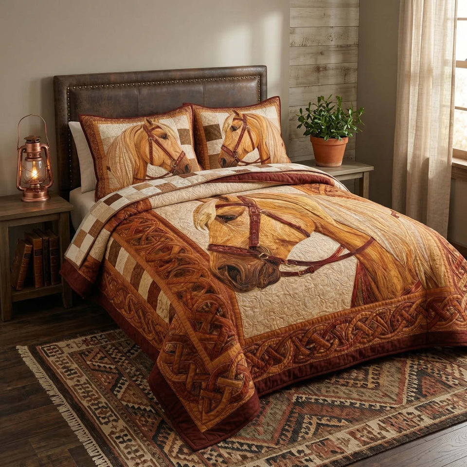 Golden Palomino quilted bedding set, another view of the printed design