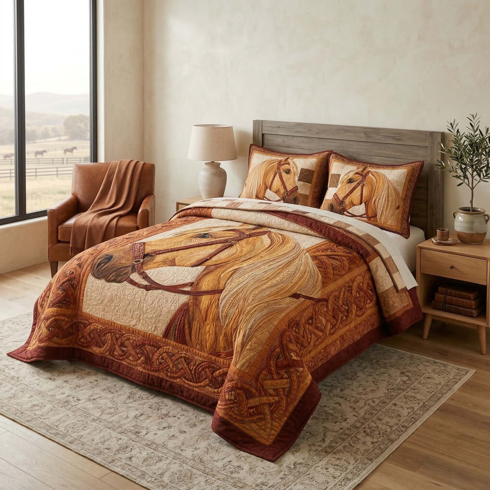 Golden Palomino quilted bedding set, another view of the printed design