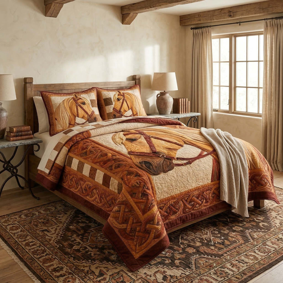 Golden Palomino quilted bedding set, another view of the printed design
