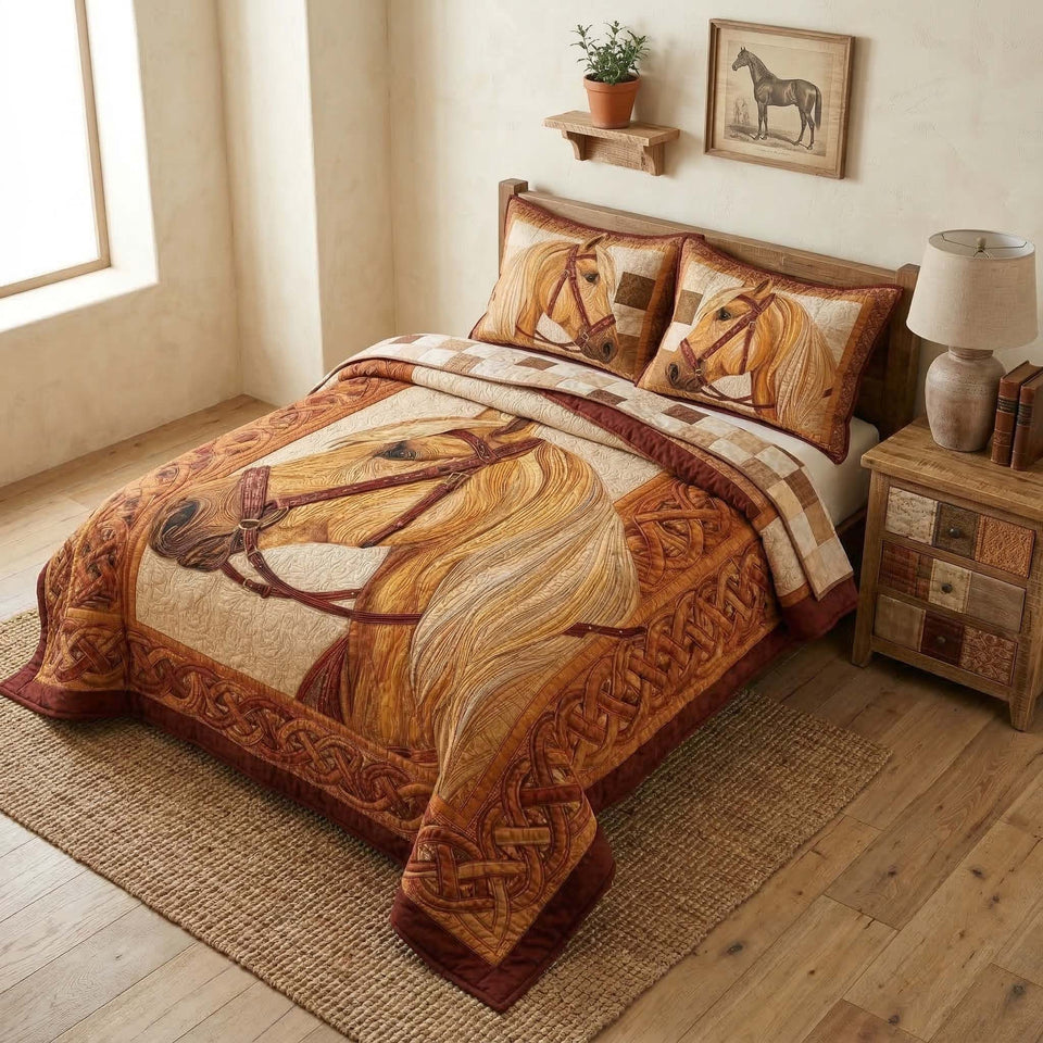 Golden Palomino quilted bedding set, another view of the printed design