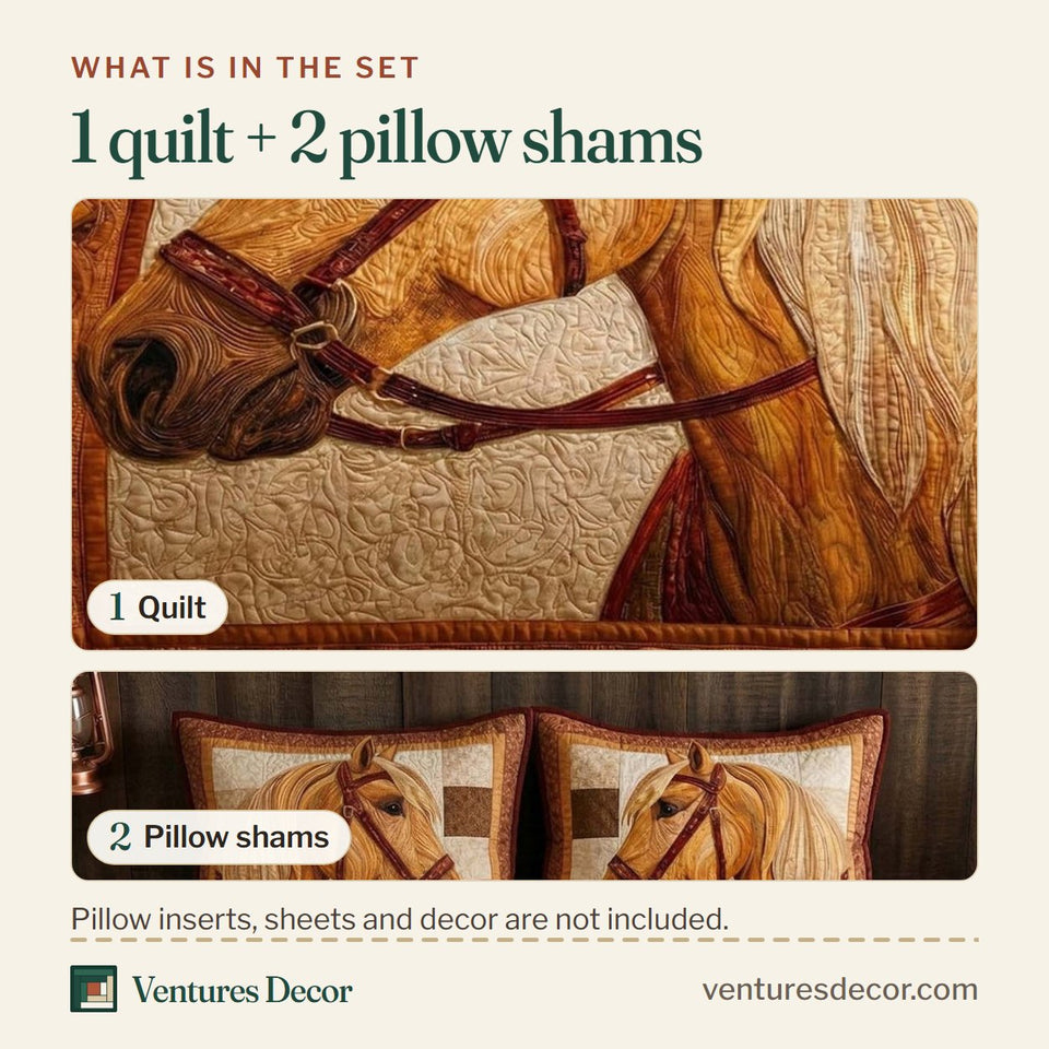 What is in the set: one quilt and two pillow shams, shown in the Golden Palomino design
