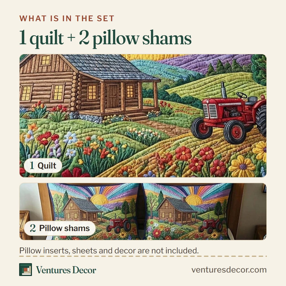 What is in the set: one quilt and two pillow shams, shown in the Golden Pasture Log Barn and Red Tractor design
