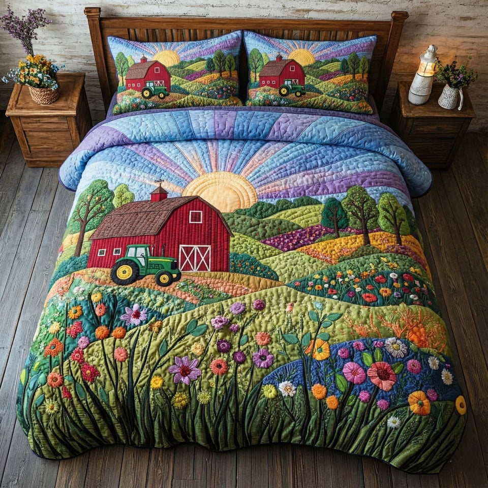 Golden Pasture quilted bedding set, quilt and two pillow shams on a made bed