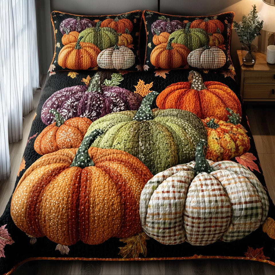 Golden Patch Heirloom Pumpkin Row quilted bedding set, quilt and two pillow shams on a made bed