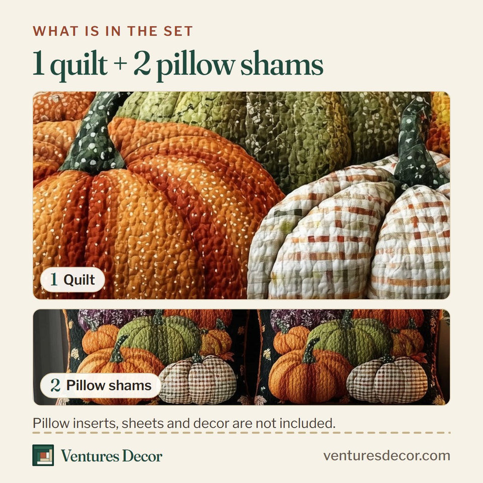 What is in the set: one quilt and two pillow shams, shown in the Golden Patch Heirloom Pumpkin Row design