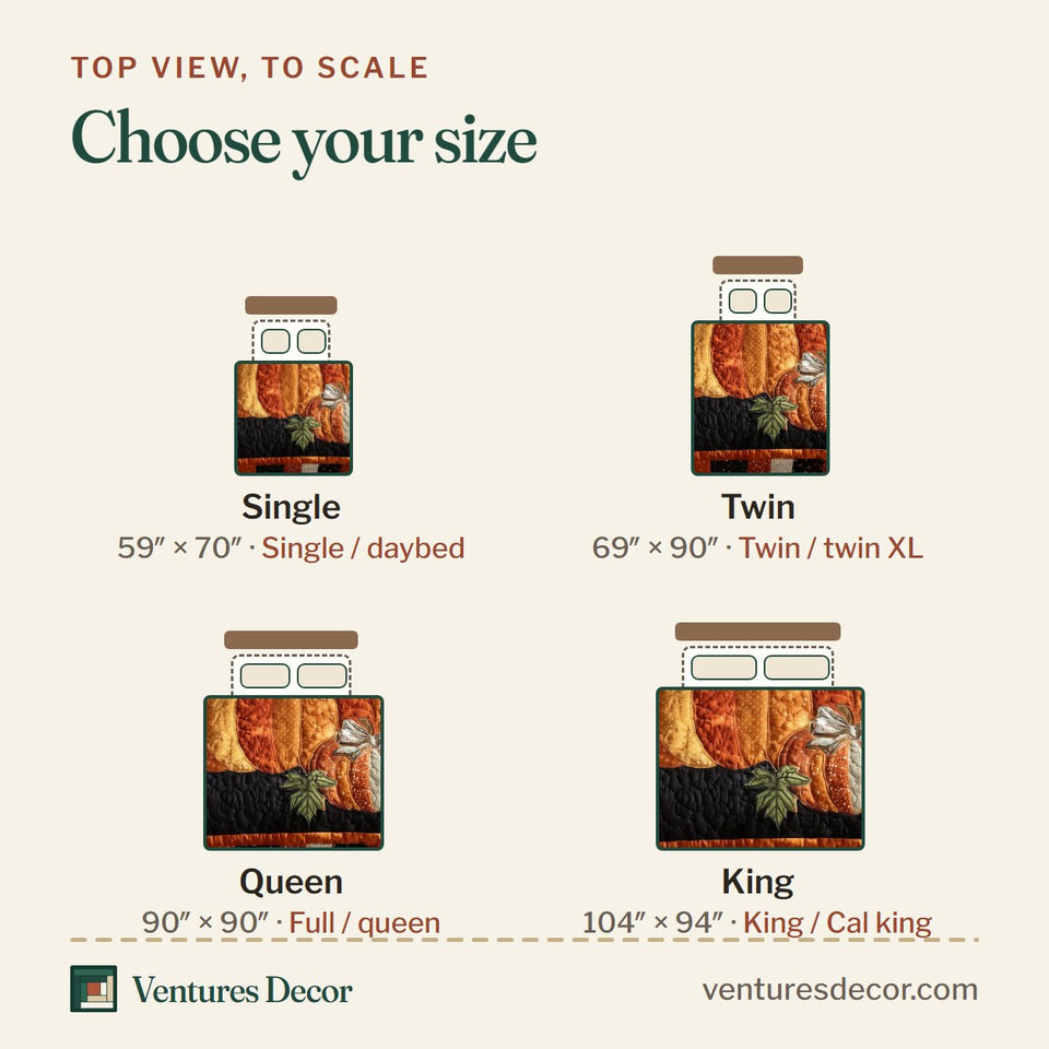 Size guide for the Golden Patch Striped Border Pumpkins quilt, top view to scale: Single 59 x 70 in, Twin 69 x 90 in, Queen 90 x 90 in, King 104 x 94 in