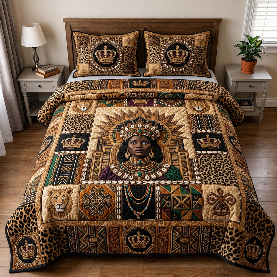 Golden Queen Adornment quilted bedding set, quilt and two pillow shams on a made bed