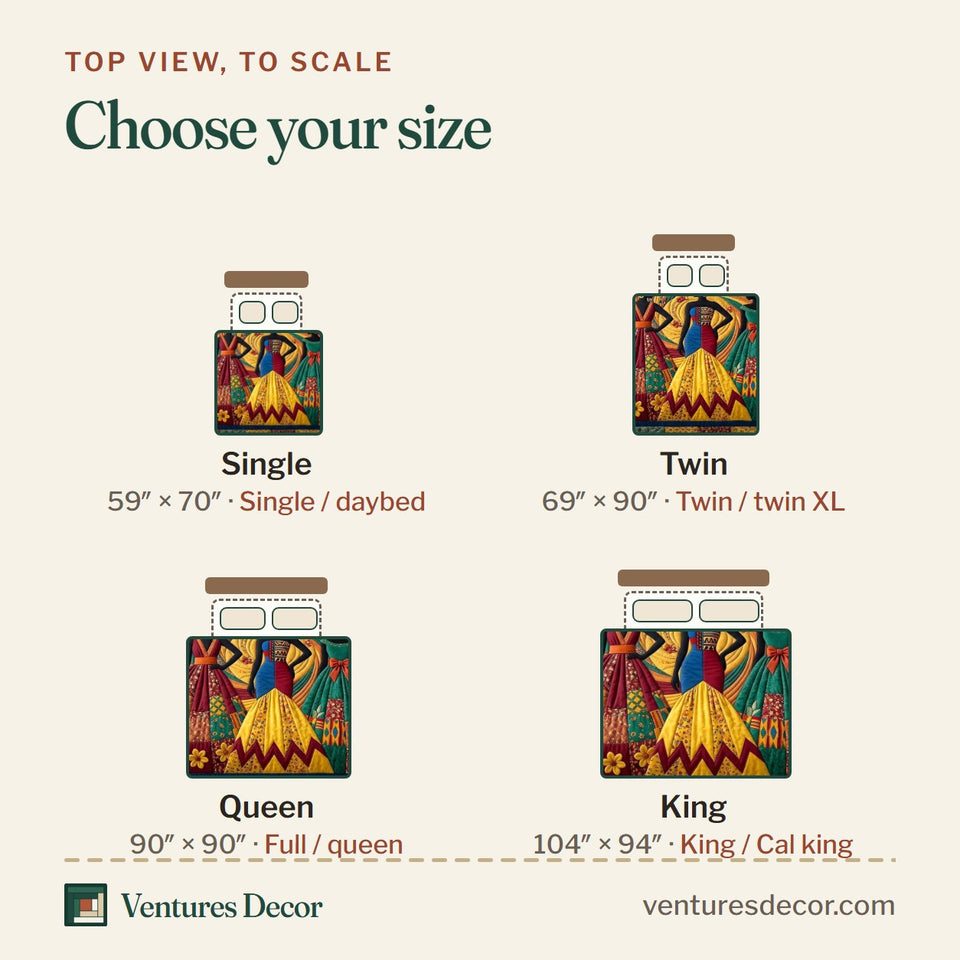 Size guide for the Golden Queen Dancers in Bright Skirts quilt, top view to scale: Single 59 x 70 in, Twin 69 x 90 in, Queen 90 x 90 in, King 104 x 94 in
