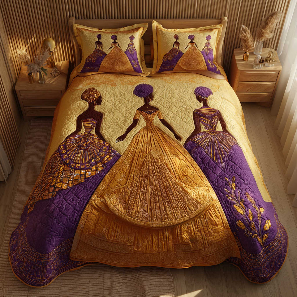 Golden Queens Amber Trio Turbans quilted bedding set, quilt and two pillow shams on a made bed