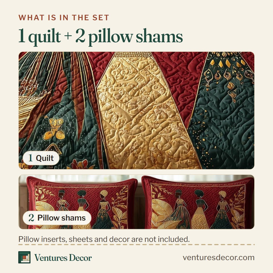 What is in the set: one quilt and two pillow shams, shown in the Golden Queens Crimson Leaf Backdrop design