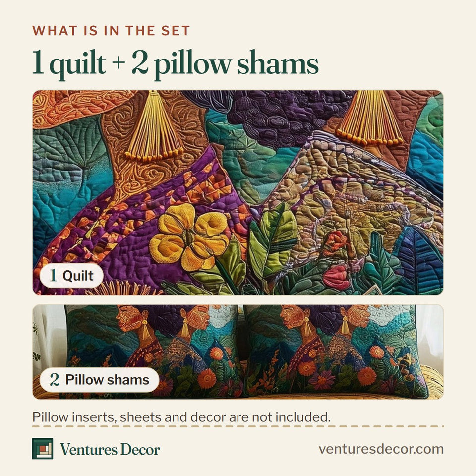 What is in the set: one quilt and two pillow shams, shown in the Golden Queens Profile Faces Bloom design