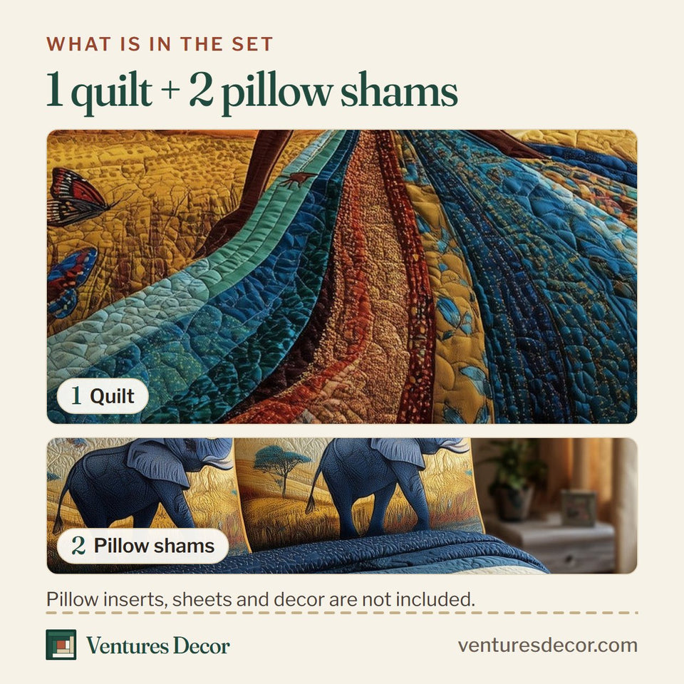 What is in the set: one quilt and two pillow shams, shown in the Golden Queens Savannah Elephant Gown design