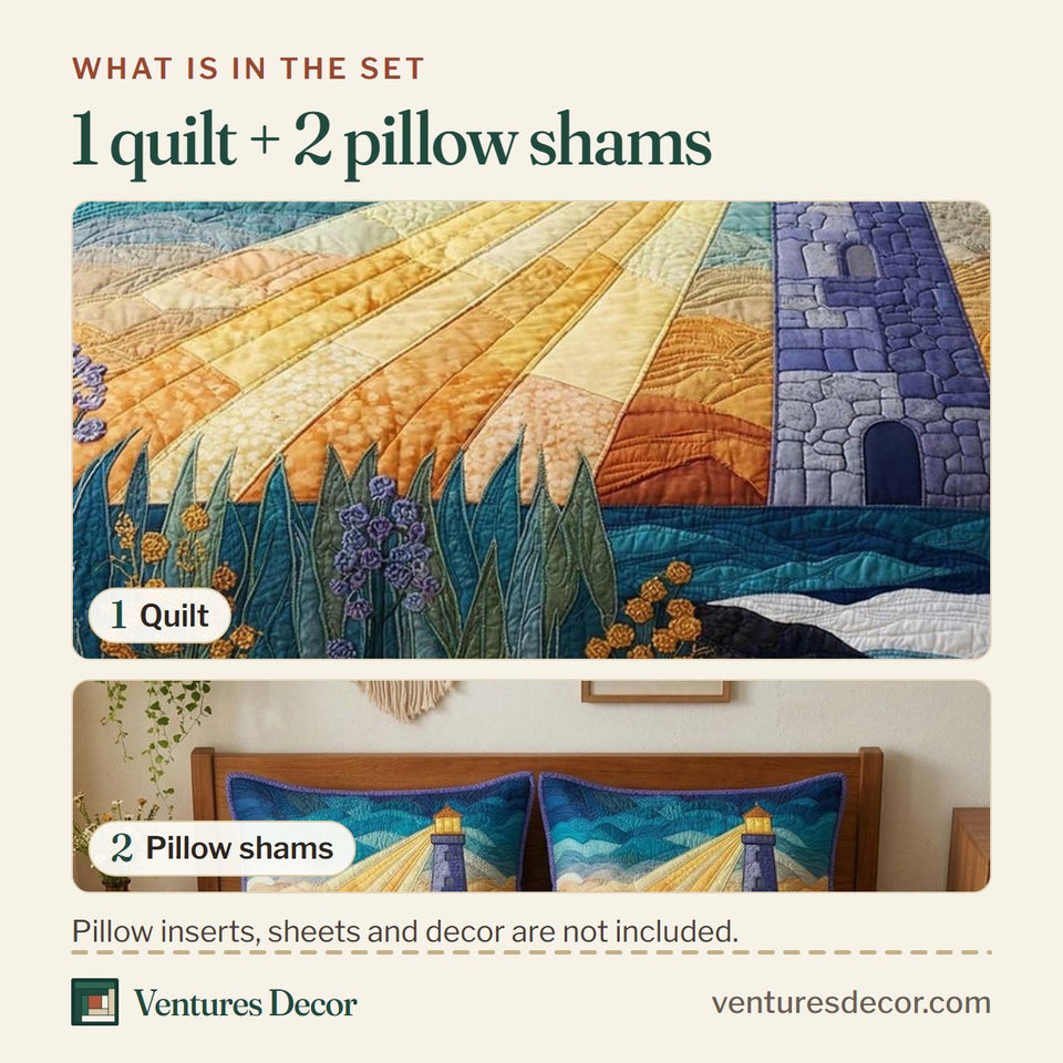 What is in the set: one quilt and two pillow shams, shown in the Golden Rays Lighthouse Dawn design