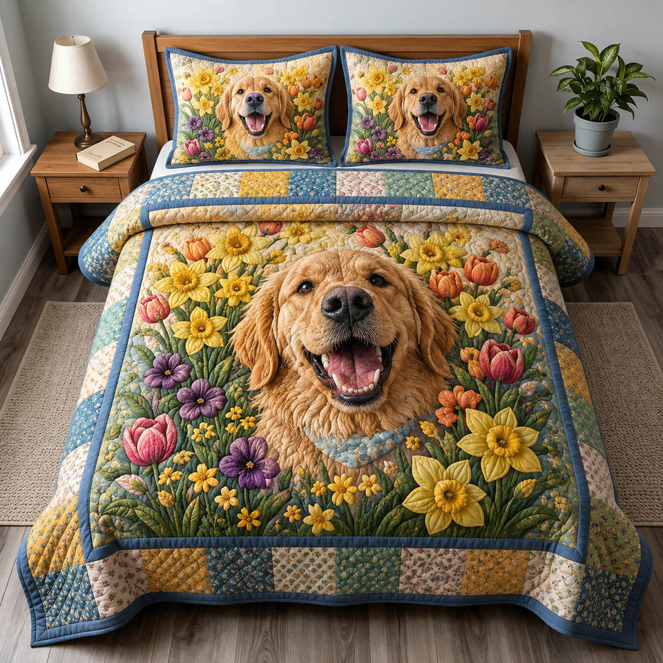 Golden Retriever Flower quilted bedding set, quilt and two pillow shams on a made bed