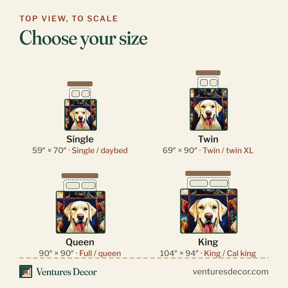 Size guide for the Golden Retriever Nine Portrait Blocks quilt, top view to scale: Single 59 x 70 in, Twin 69 x 90 in, Queen 90 x 90 in, King 104 x 94 in