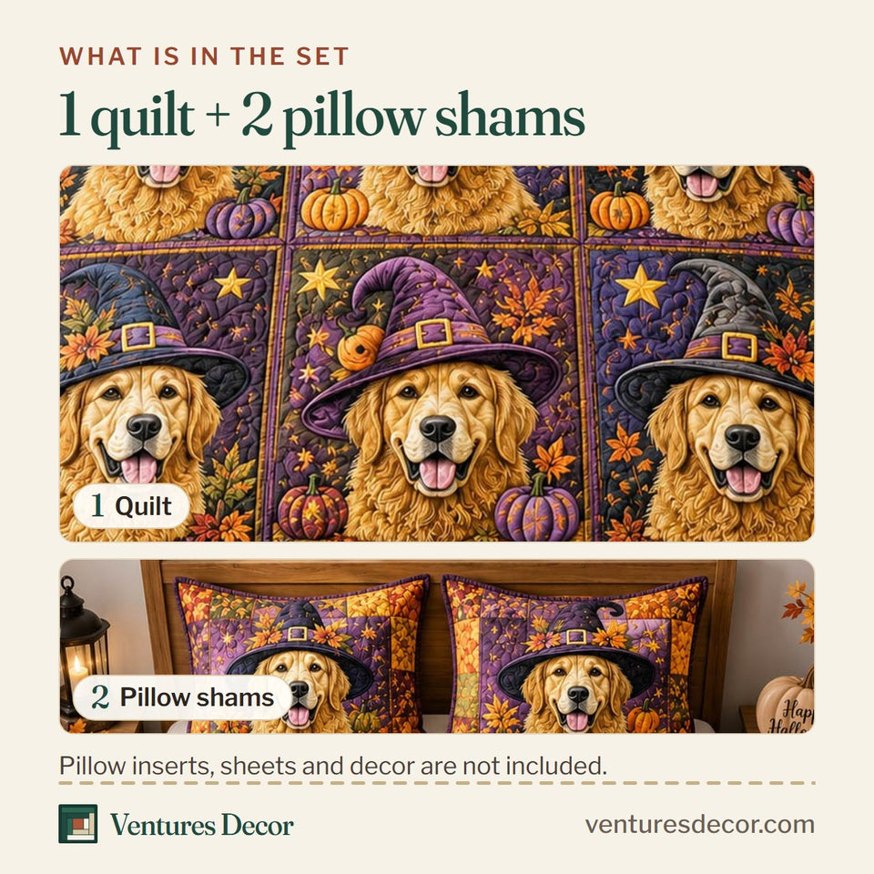 What is in the set: one quilt and two pillow shams, shown in the Golden Retriever Witch design