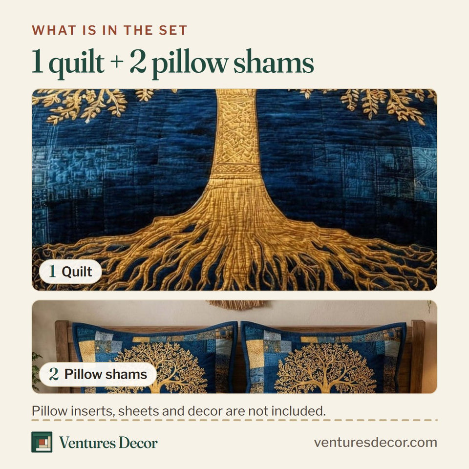 What is in the set: one quilt and two pillow shams, shown in the Golden Roots Gold Tree on Blue Patchwork design