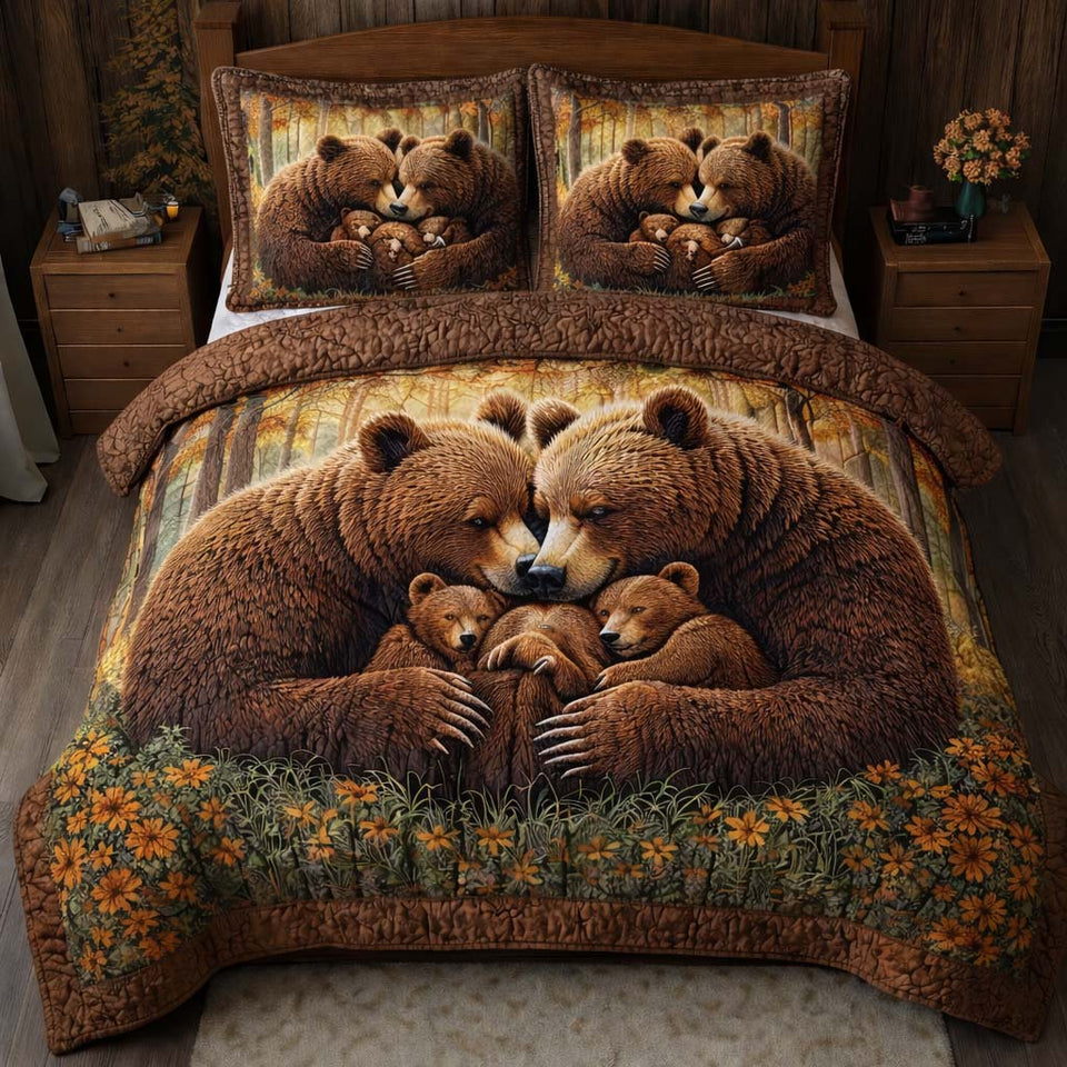 Golden Slumber Bear Cubs quilted bedding set, quilt and two pillow shams on a made bed