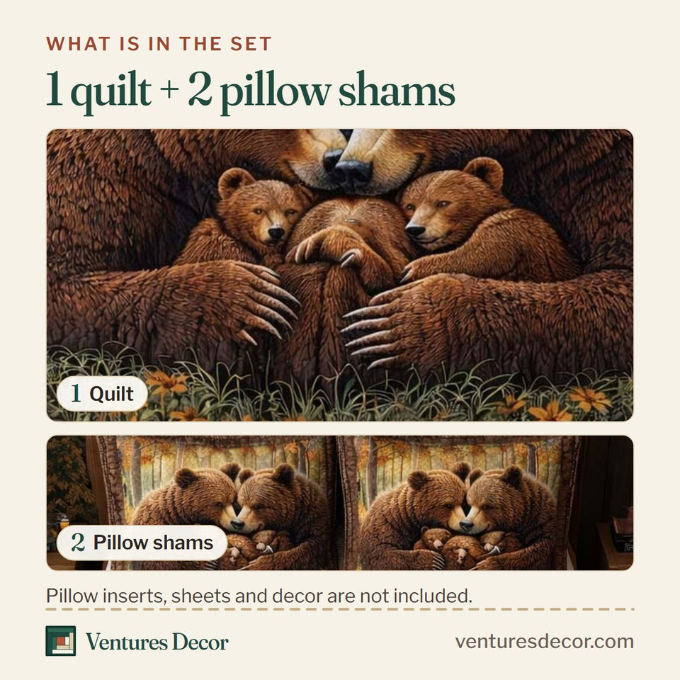 What is in the set: one quilt and two pillow shams, shown in the Golden Slumber Bear Cubs design