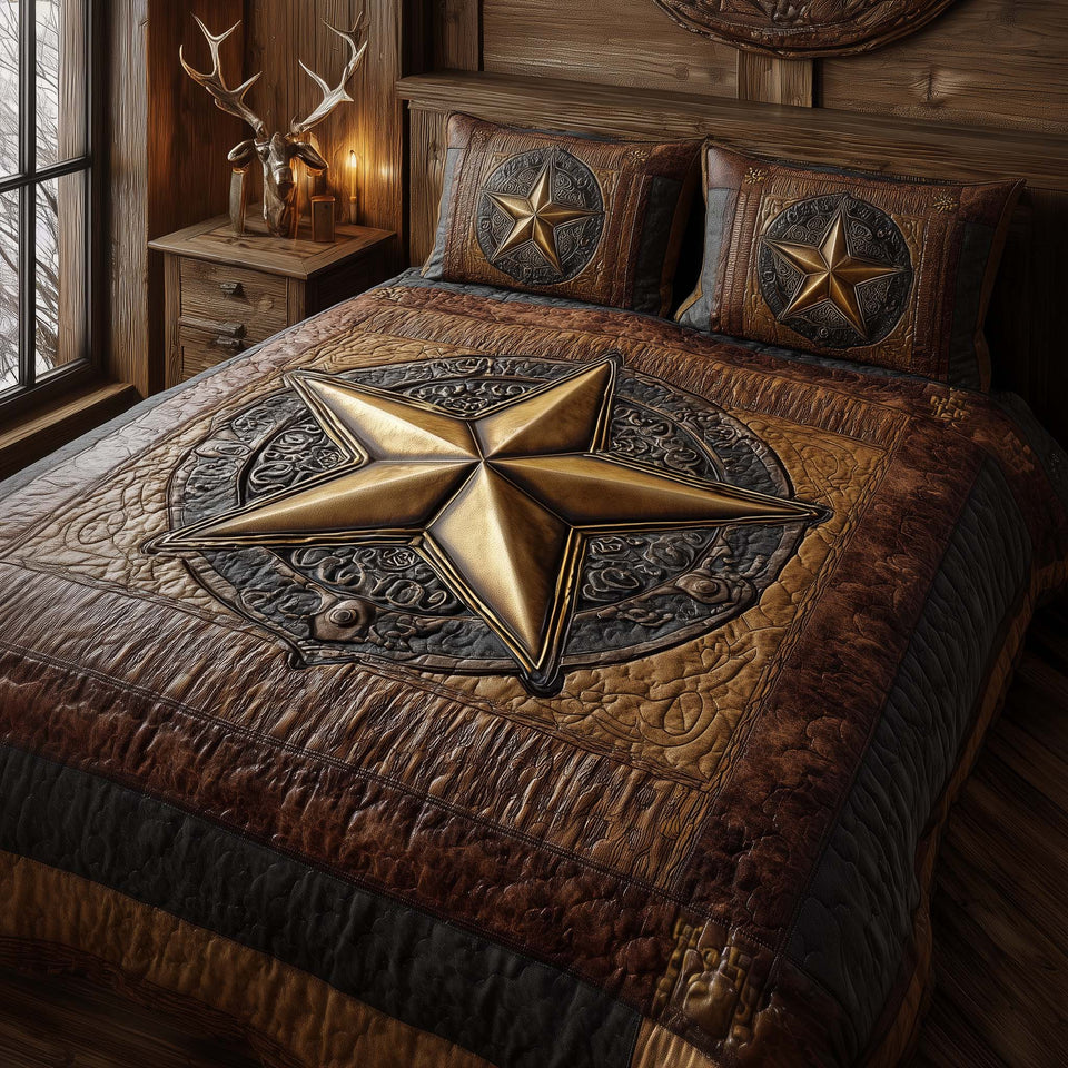 Golden Star Tooled Leather quilted bedding set, quilt and two pillow shams on a made bed