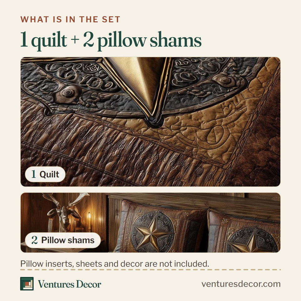 What is in the set: one quilt and two pillow shams, shown in the Golden Star Tooled Leather design
