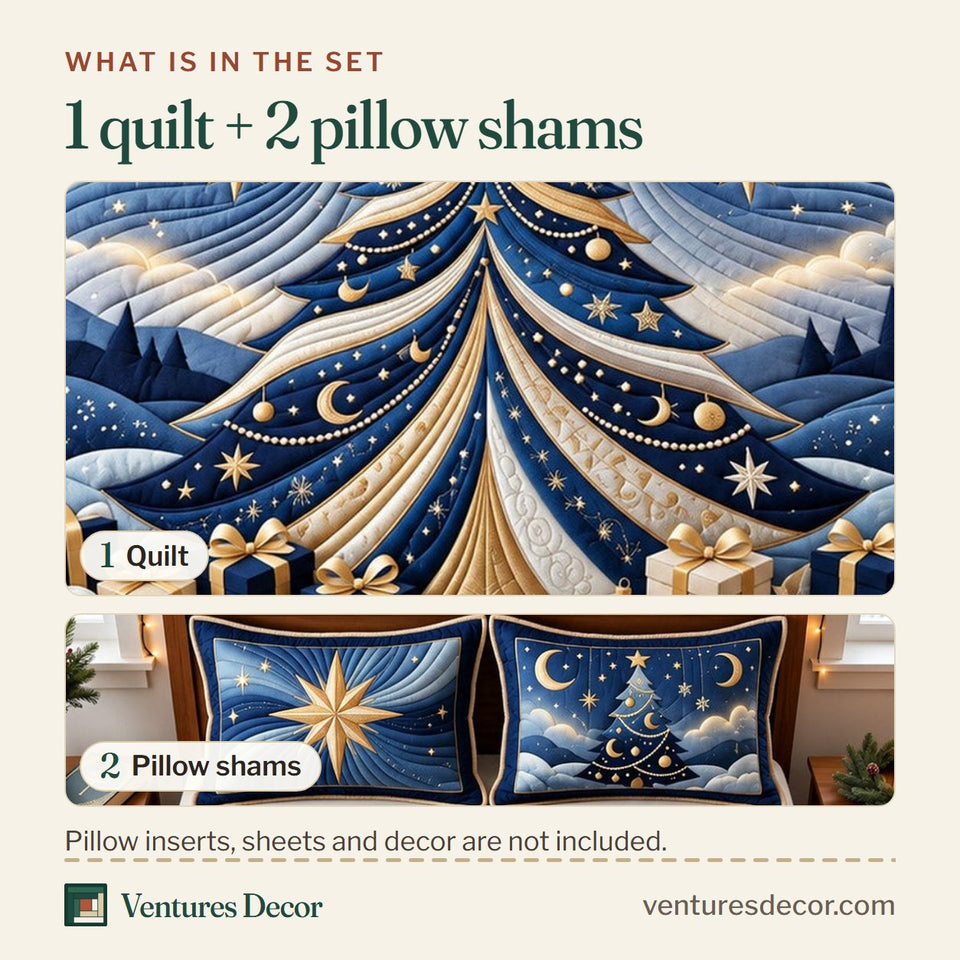 What is in the set: one quilt and two pillow shams, shown in the Golden Star Tree design