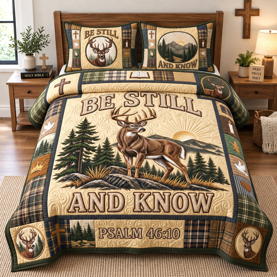 Golden Sunrise Buck quilted bedding set, quilt and two pillow shams on a made bed