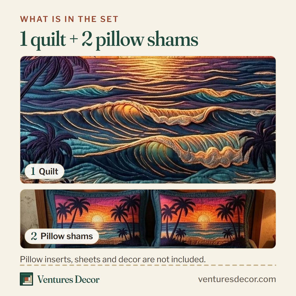 What is in the set: one quilt and two pillow shams, shown in the Golden Sunset Shore design
