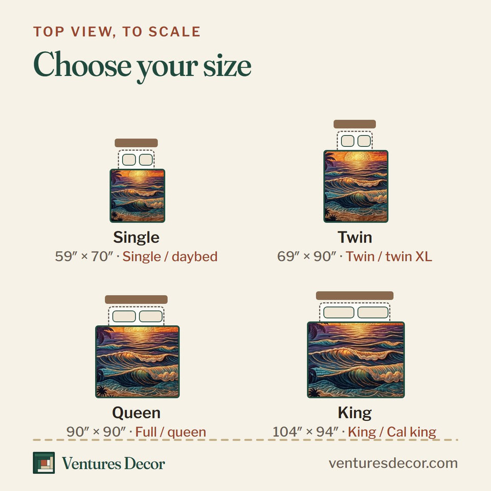 Size guide for the Golden Sunset Shore quilt, top view to scale: Single 59 x 70 in, Twin 69 x 90 in, Queen 90 x 90 in, King 104 x 94 in