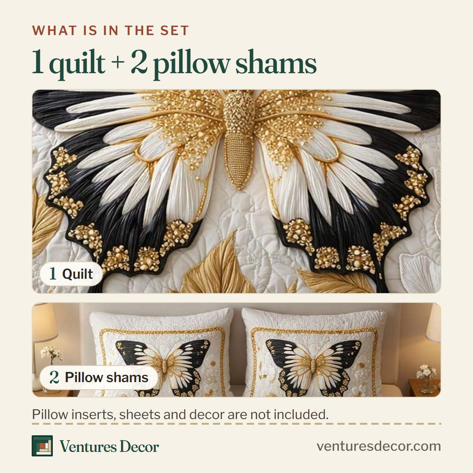 What is in the set: one quilt and two pillow shams, shown in the Golden Swallowtail Elegance design