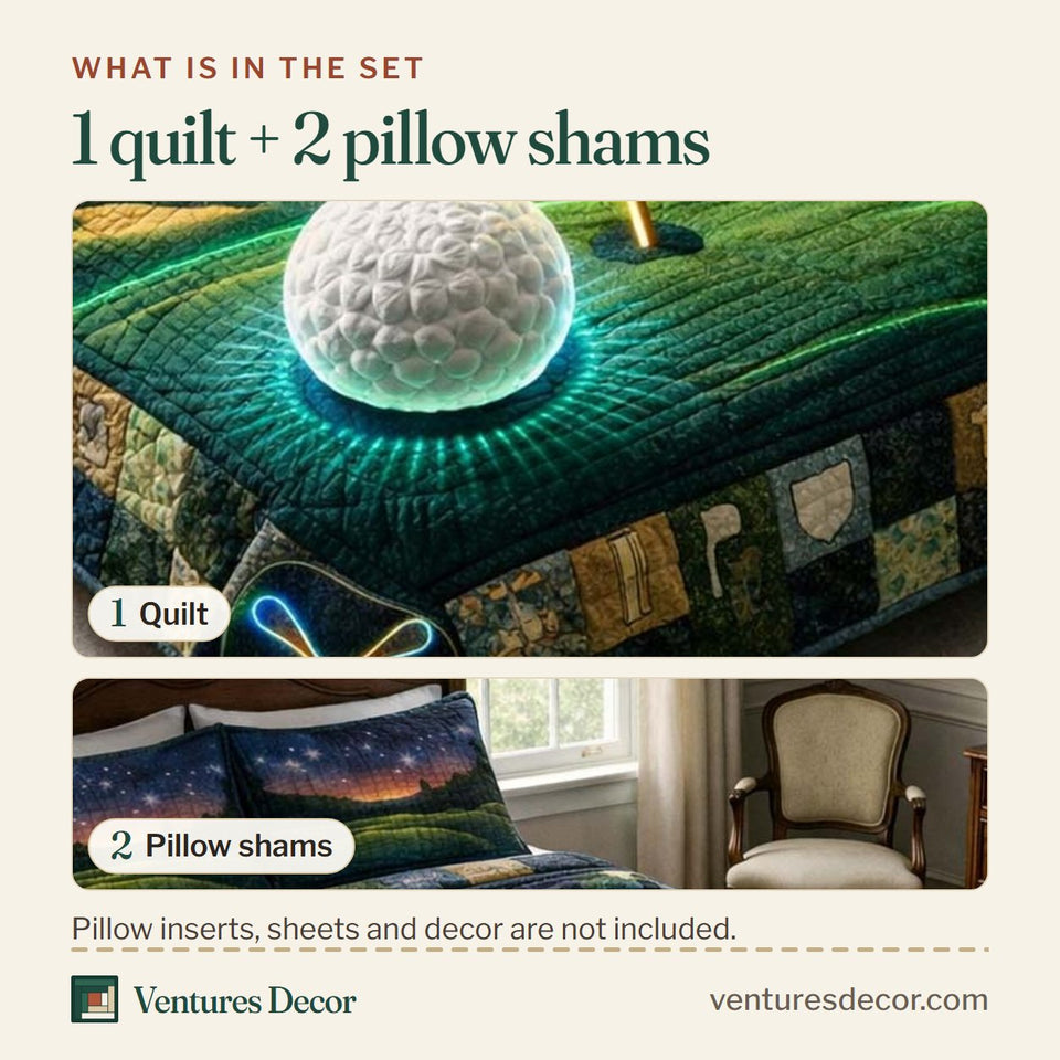 What is in the set: one quilt and two pillow shams, shown in the Golden Tee design