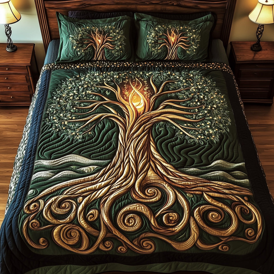 Golden Tree of Life quilted bedding set, quilt and two pillow shams on a made bed