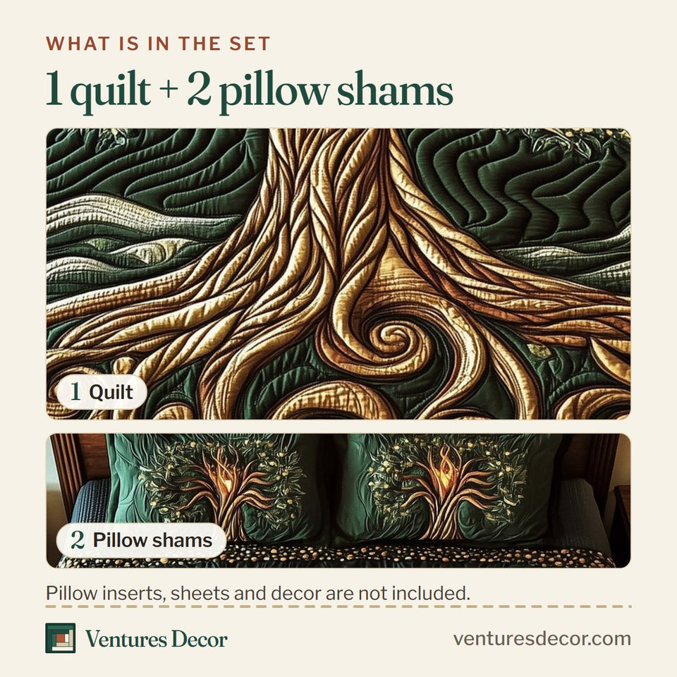 What is in the set: one quilt and two pillow shams, shown in the Golden Tree of Life design