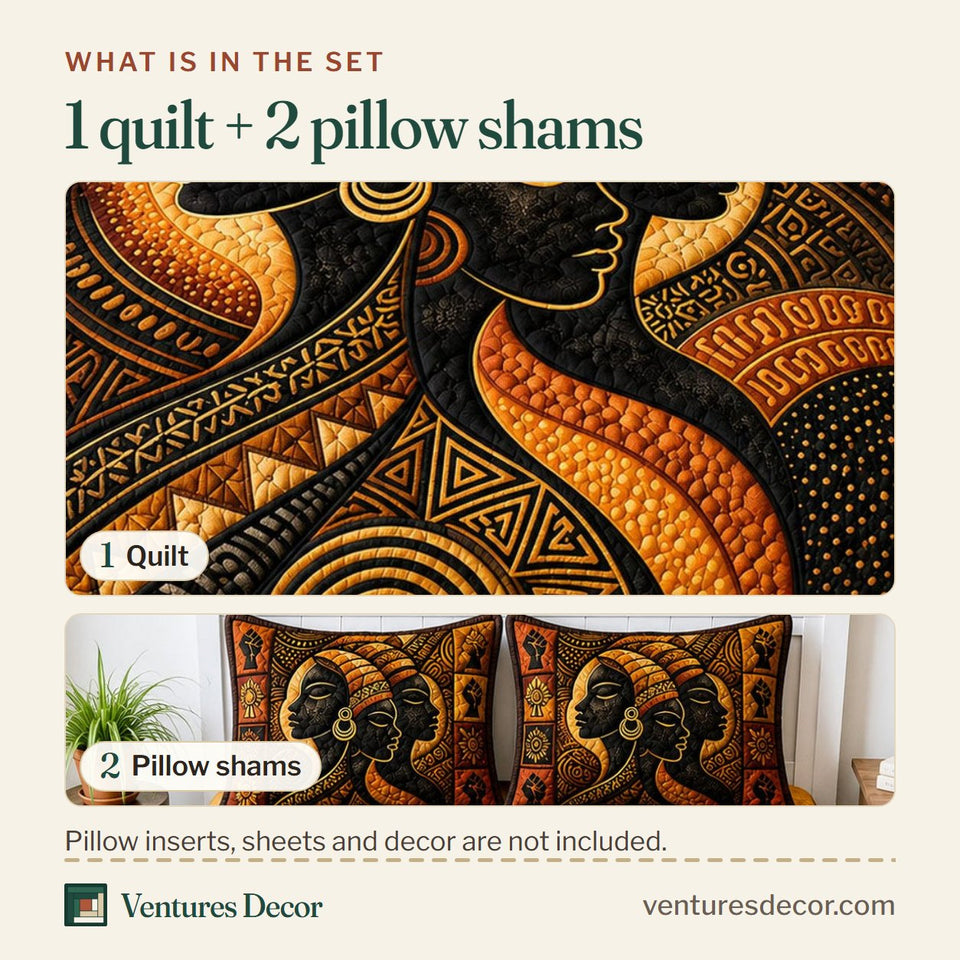 What is in the set: one quilt and two pillow shams, shown in the Golden Tribal Queens design