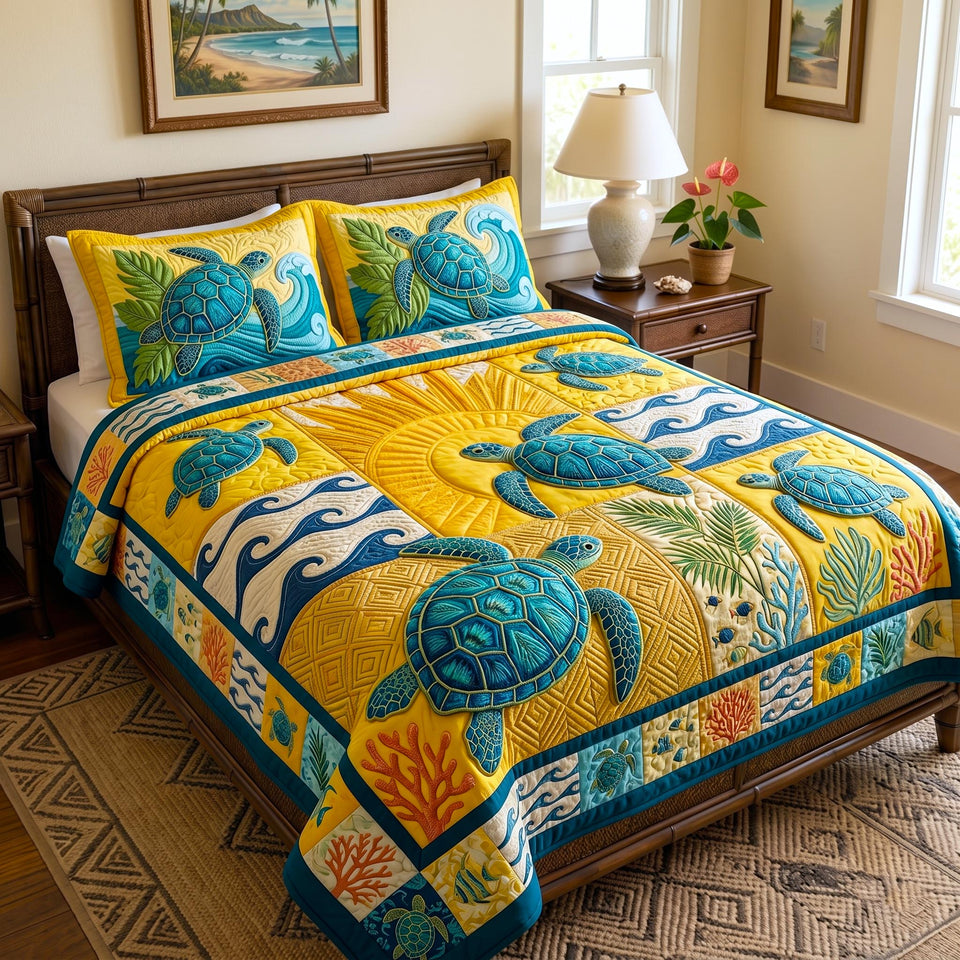 Golden Wave Turtle Spirit quilted bedding set, quilt and two pillow shams on a made bed