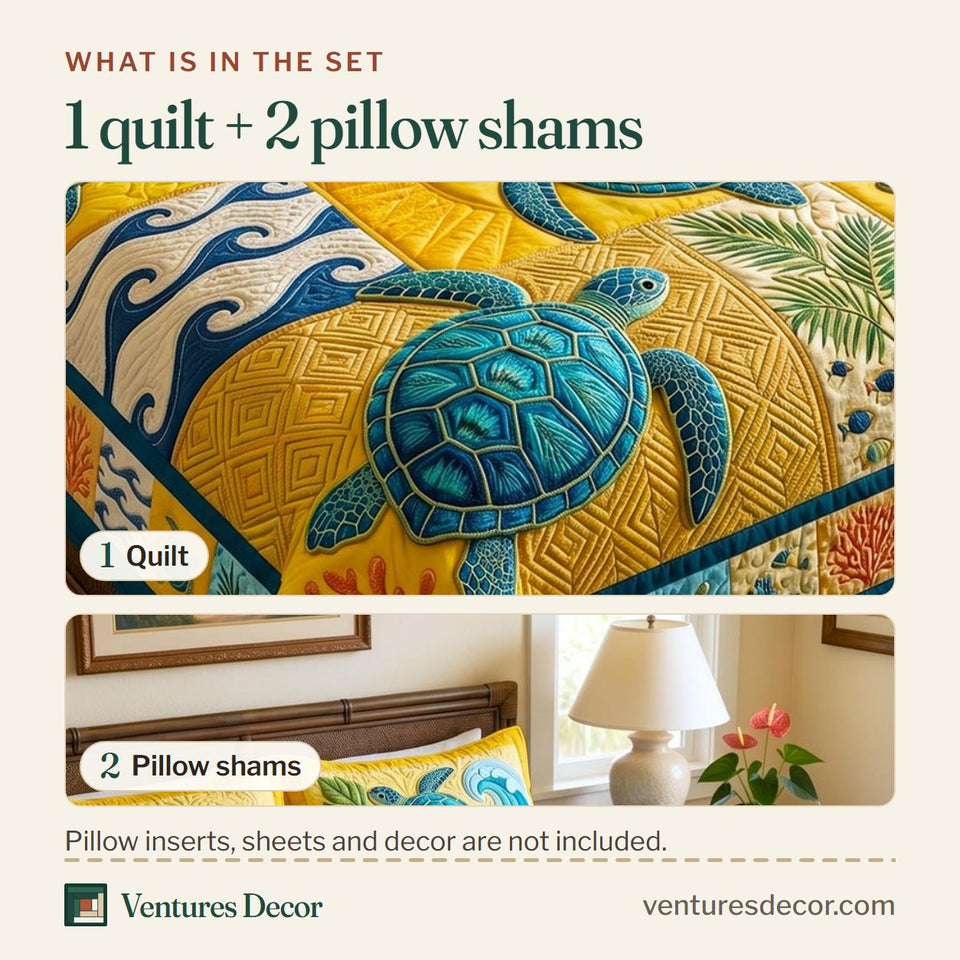 What is in the set: one quilt and two pillow shams, shown in the Golden Wave Turtle Spirit design