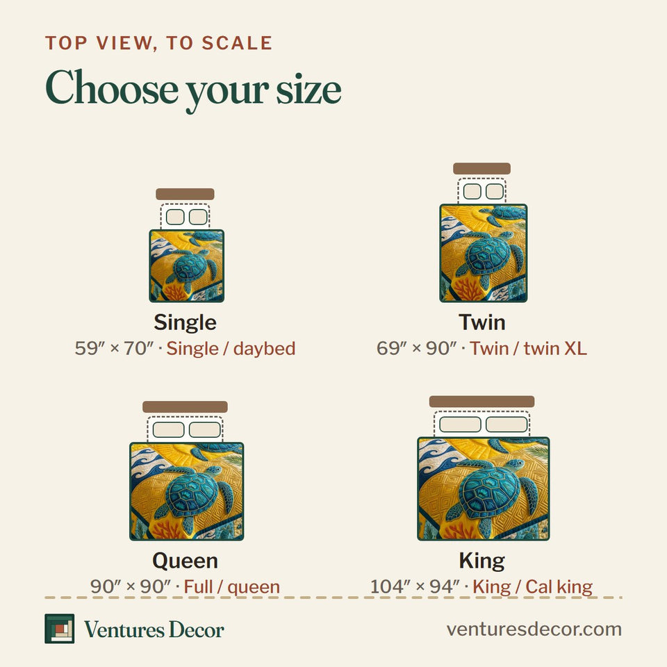Size guide for the Golden Wave Turtle Spirit quilt, top view to scale: Single 59 x 70 in, Twin 69 x 90 in, Queen 90 x 90 in, King 104 x 94 in